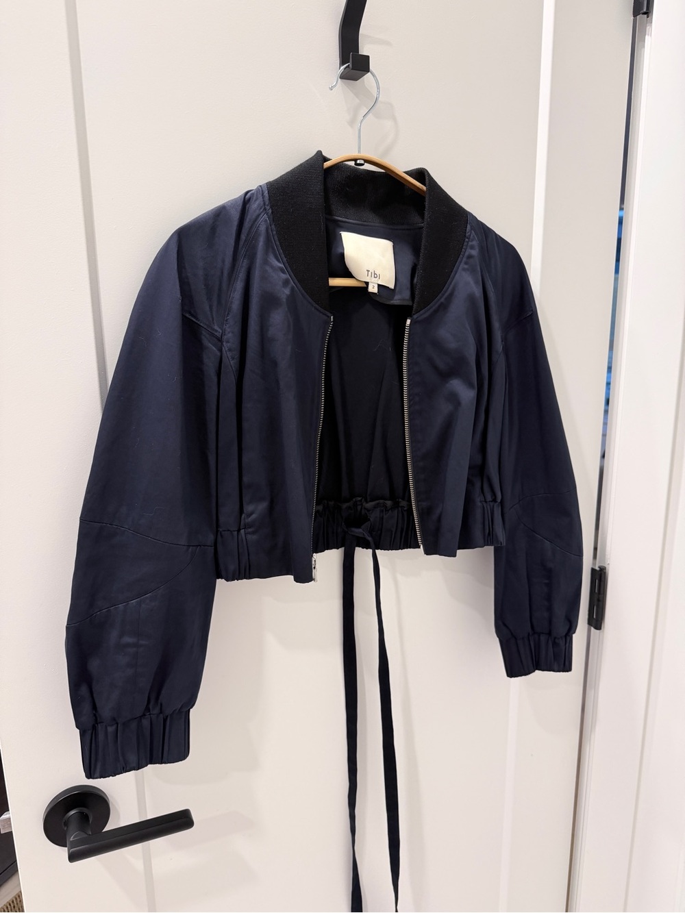 Tibi Navy Cropped Drawstring Bomber Jacket